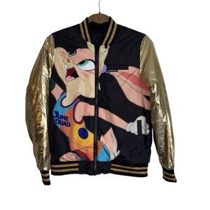 Space Jam Gold Black Tune Squad Jacket Womens Medium Movie Warner Cartoon Bomber